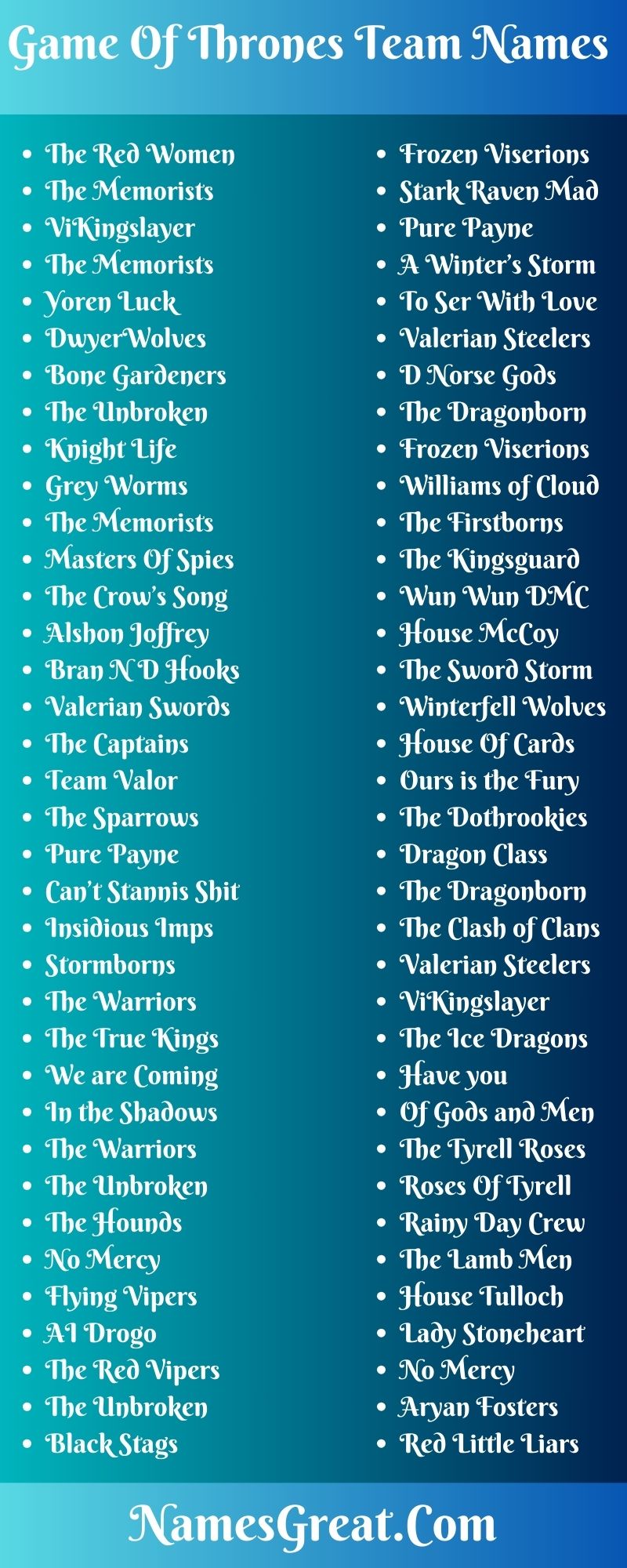 Game Of Thrones Team Names